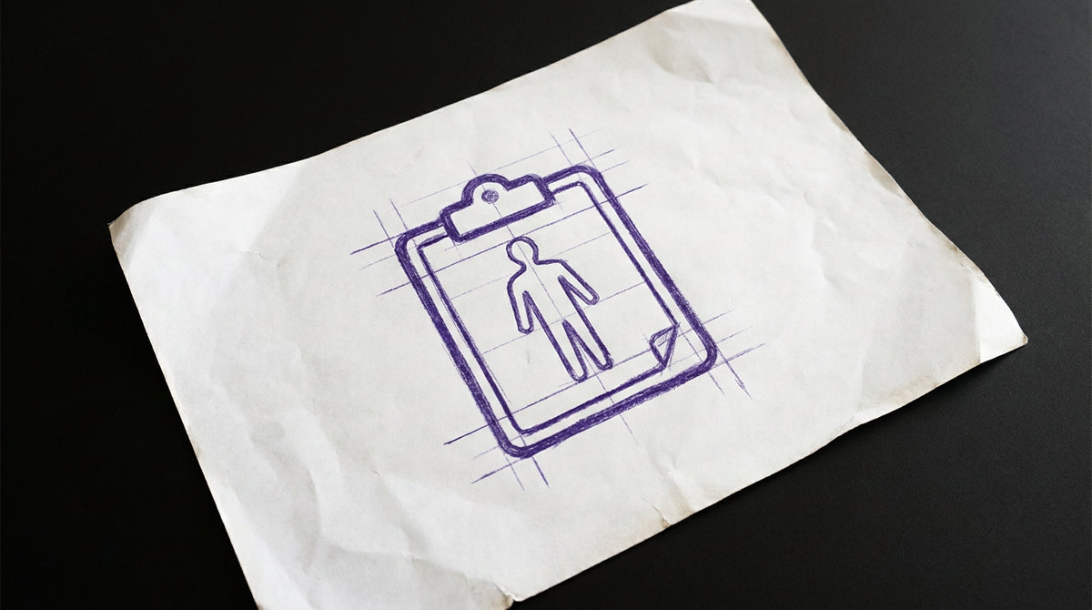 a clipboard holding a printed medical chart with a human body outline