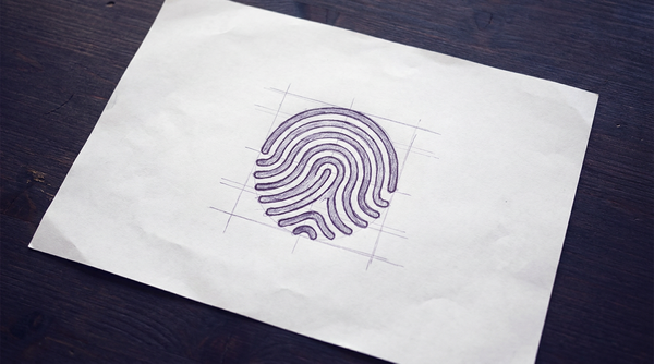 a stylized human fingerprint, depicted as a single, rounded whorl pattern formed by a series of concentric, looping ridges