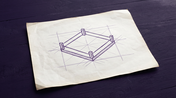 a square plot of undeveloped land, viewed from an isometric perspective, with a wooden boundary marker stake at each of its four corners