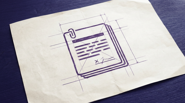a multi-page document bound by a single staple in the upper-left corner, with the top page featuring a title, lines of placeholder text, and a designated signature line with a small 'X' near the bottom