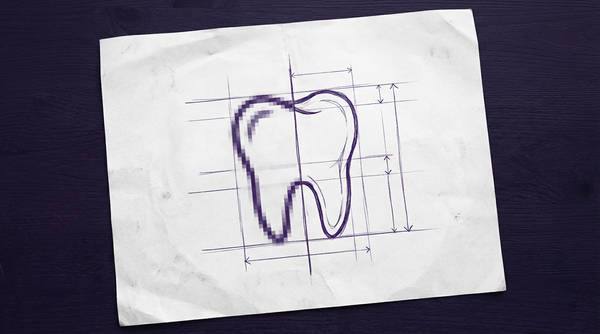 a single human molar tooth, viewed from the side, with a distinct vertical line dividing it in half, where the half on one side of the line is depicted as blurry and pixelated and the half on the other side is depicted as sharp and clear