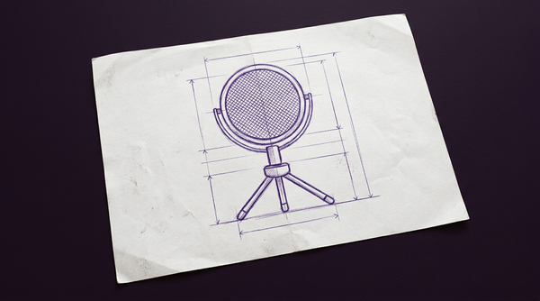 an upright studio recording microphone, featuring a large, circular diaphragm head covered by a fine mesh grille, supported by a simple tripod desk stand