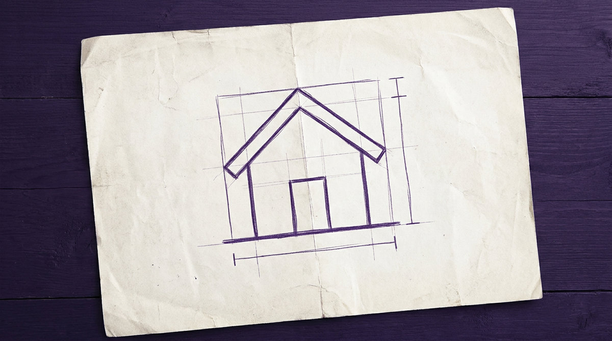 a simple freestanding house with a pitched gable roof viewed straight on from the front
