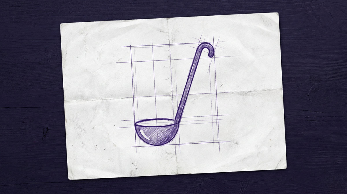 a stainless steel soup ladle with a deep hemispherical cup and a long handle ending in a curved hook