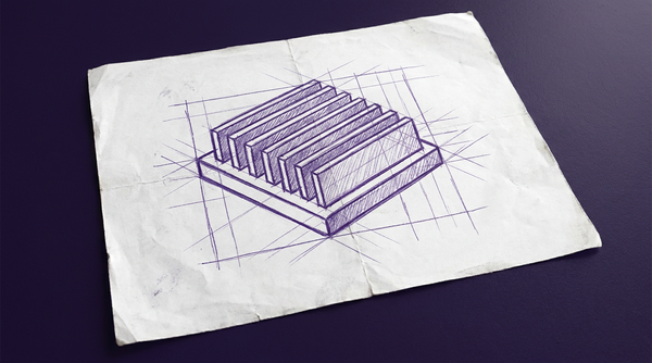 a finned heat sink, viewed from an isometric perspective, consisting of a flat, rectangular base with a series of parallel, rectangular fins extending vertically from its top surface