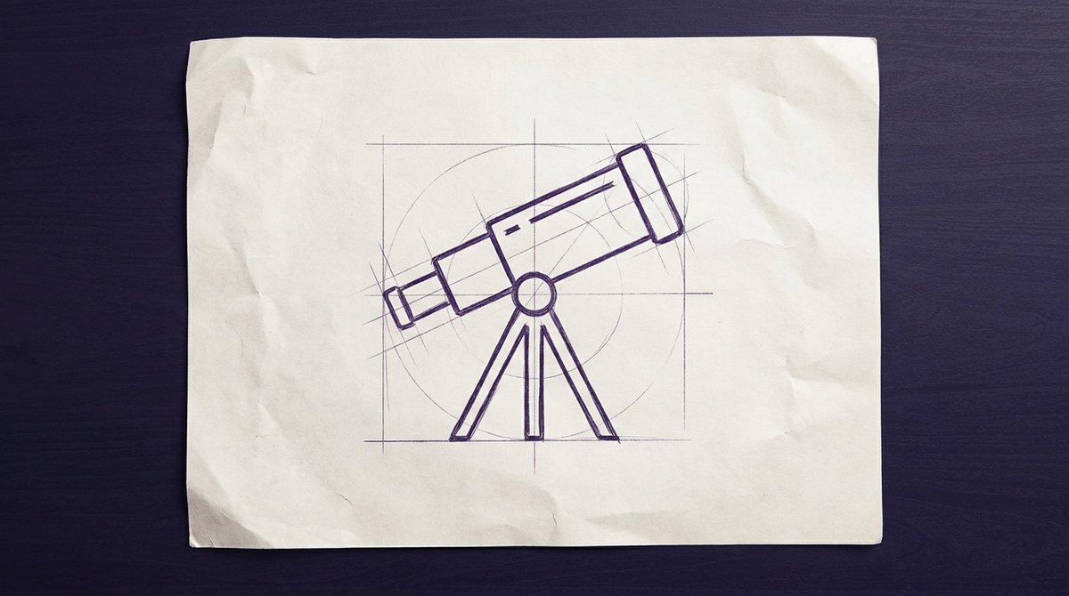 an astronomical telescope mounted on a three-legged tripod, with its cylindrical optical tube pointed diagonally upward