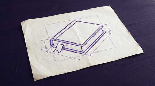 a closed, thick, hardbound book, viewed from a three-quarters perspective to show its front cover and spine, with a single, flat bookmark ribbon emerging from between the pages at the top and draping down the cover