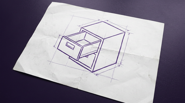 a single, multi-drawer, metallic office filing cabinet, viewed from a three-quarters perspective, with its topmost drawer pulled fully open and tilted slightly downward, revealing a completely empty interior with no files or folders inside