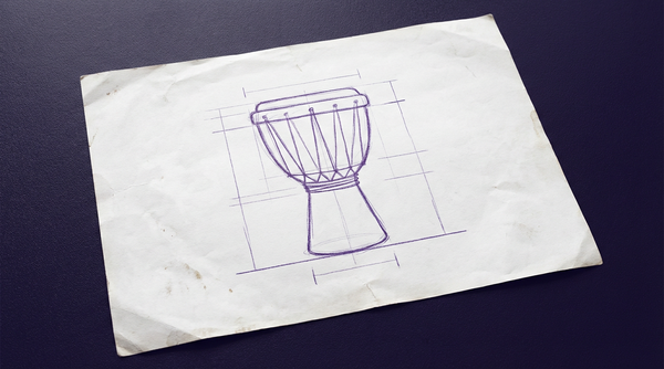 a goblet-shaped hand drum, similar to a djembe, viewed from the side, with visible lacing or tuning ropes on its body