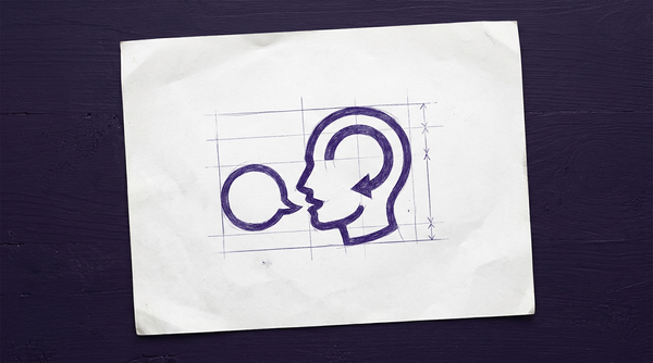 a human head in profile silhouette, with a single speech bubble originating from its mouth, where the tail of the bubble curves back to point directly into the ear of the same head, forming a closed loop