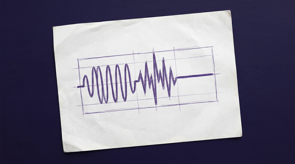 an audio waveform displayed on a horizontal axis, beginning on the left with regular, repeating sound waves that transition in the middle to become erratic and disorganized spikes, and finally diminish into a flat, straight line on the right
