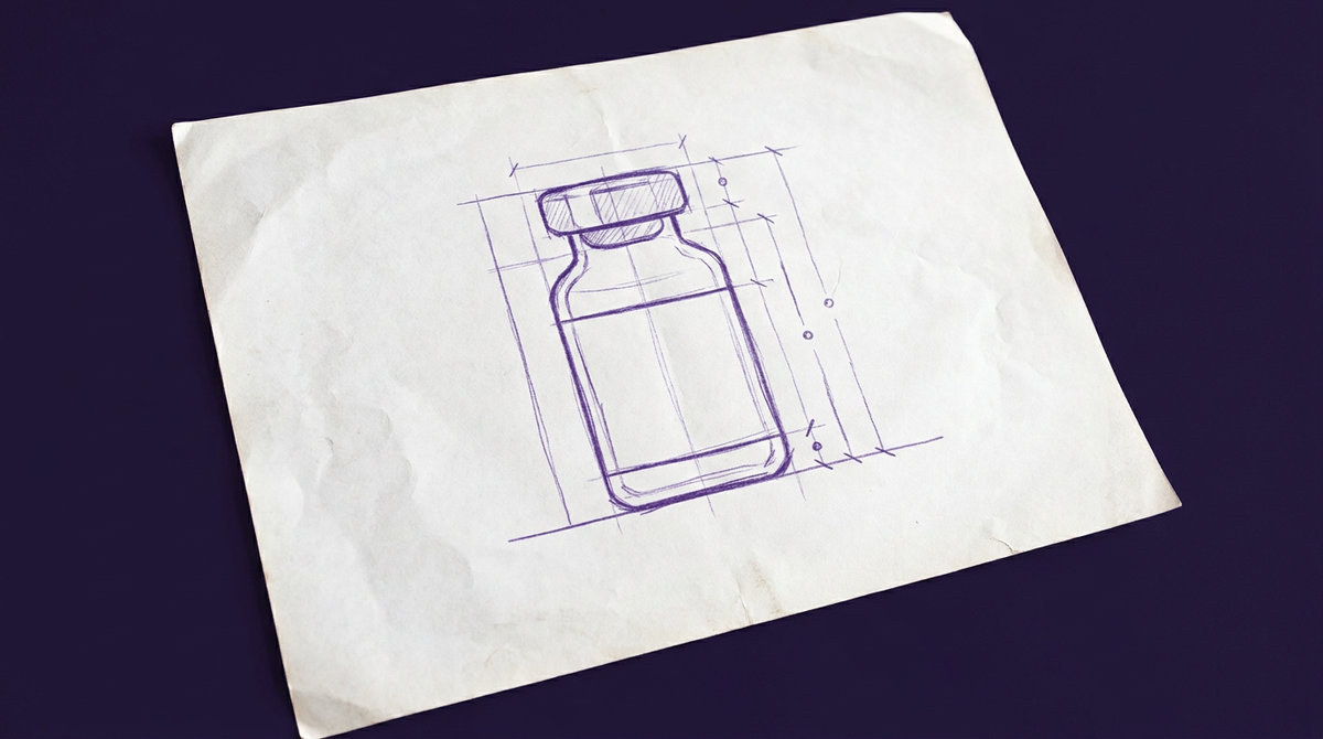 a small cylindrical glass medicine vial with a flat base, a narrow neck, and a rubber stopper secured by an aluminum crimp seal