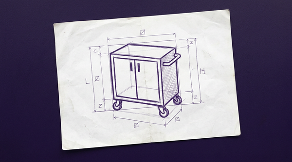 a mobile surgical case cart, viewed from a three-quarter perspective, depicted as an enclosed, rectangular stainless steel cabinet on four caster wheels with two solid vertical doors on the front and a push handle on the side