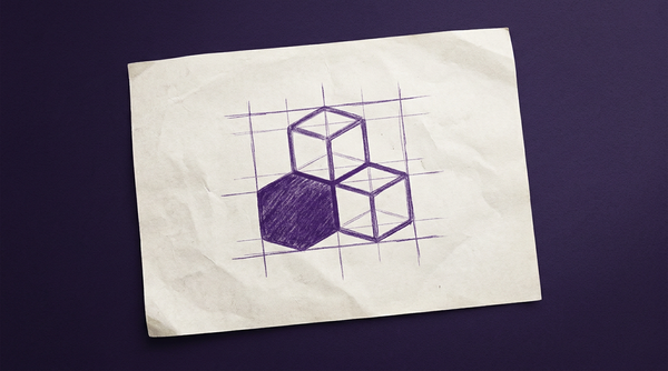 a set of three, equal-sized, cubic children's toy blocks, stacked vertically, where the bottom-most block is solid and opaque, while the two blocks stacked directly on top of it are rendered as simple, transparent outlines