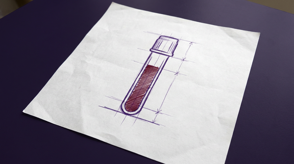 a cylindrical blood collection tube with a rubber stoppered cap, shown vertically and approximately two-thirds full of a dark red liquid representing blood