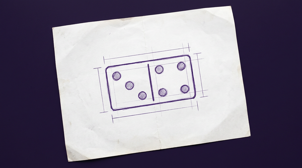 a single, rectangular domino tile, viewed from above, with a central dividing line separating its surface into two equal square ends, where one end contains two circular pips arranged diagonally and the other end contains four circular pips arranged in a square pattern