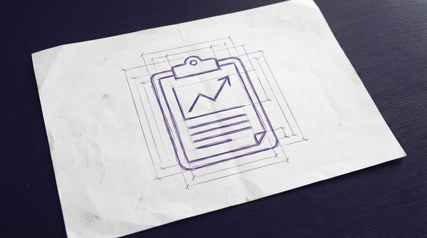 a clipboard holding a paper document that features a simple line graph with an upward-trending plot line above several lines of stylized text