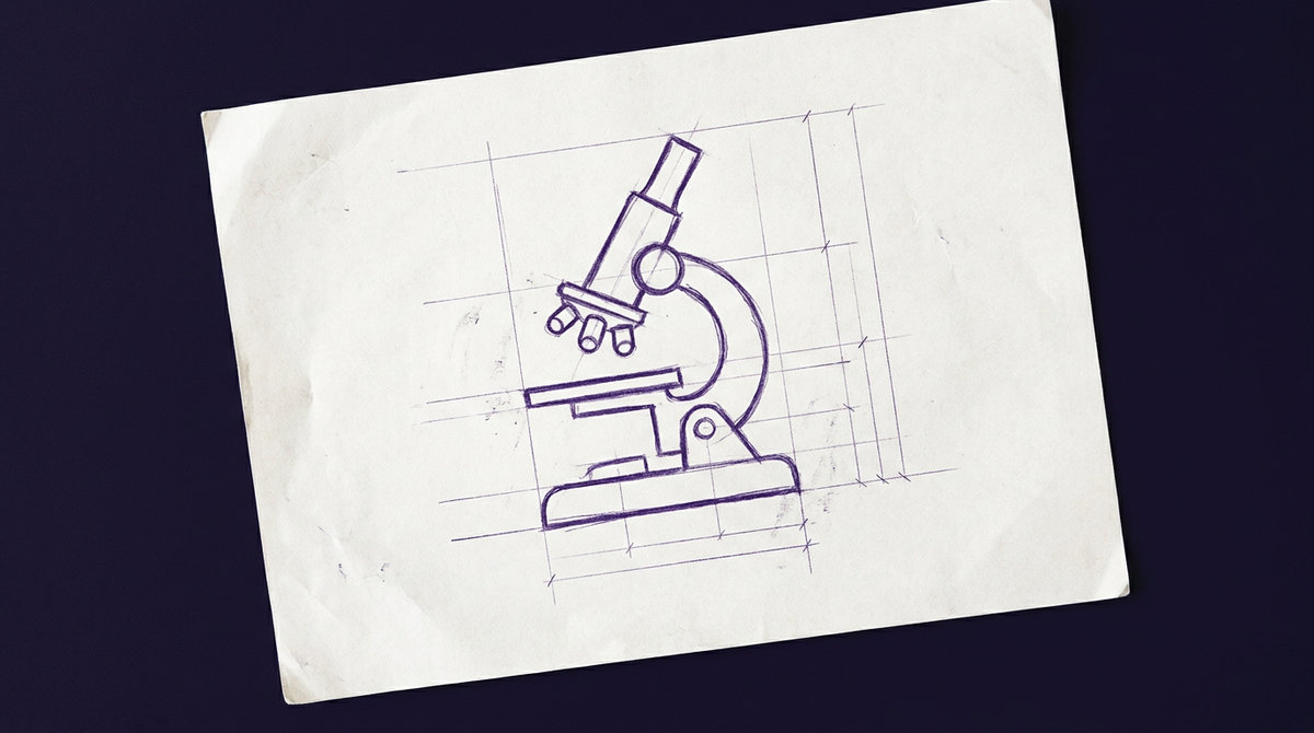 a compound optical microscope viewed from the side, featuring an angled eyepiece tube, a revolving nosepiece with multiple objective lenses, a flat mechanical stage, and a curved arm anchored to a sturdy base
