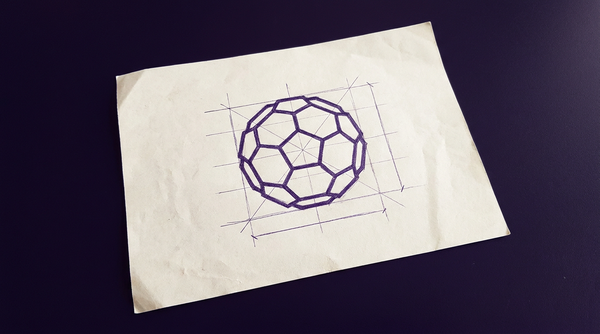 a C₆₀ buckminsterfullerene molecule, represented as a hollow, spherical cage of interconnected atoms arranged in a pattern of pentagonal and hexagonal faces