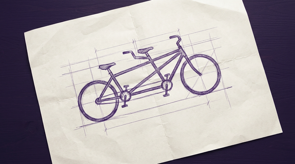 a tandem bicycle, viewed from the side, with two distinct sets of seats, handlebars, and pedals arranged in-line on a single elongated frame, designed for two riders to pedal in unison