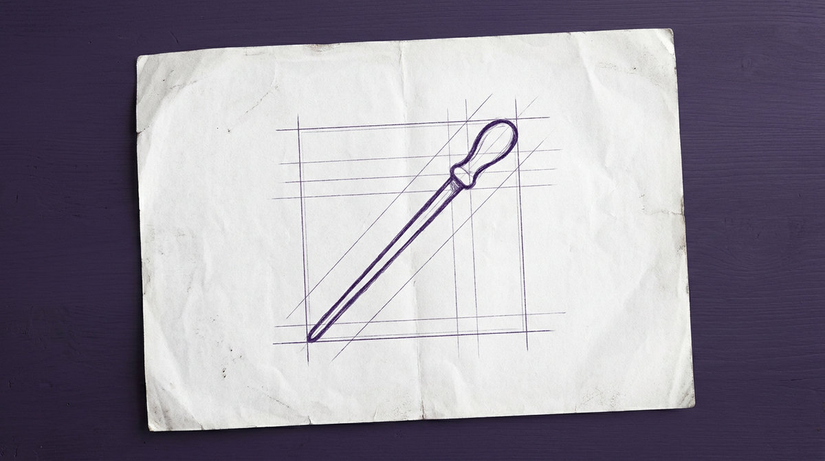 a conductor's baton, depicted as a slender, tapered stick with a distinct, bulb-shaped handle at its thicker end