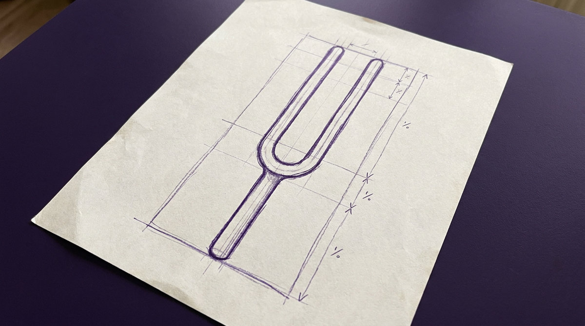 a metal tuning fork with two parallel prongs extending upward from a U-shaped bend attached to a straight cylindrical stem handle at its base