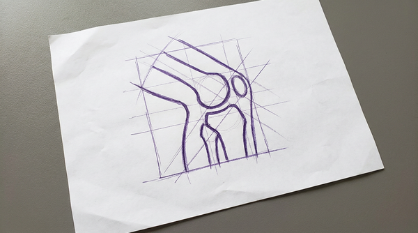 a simplified anatomical model of a human knee joint, viewed in profile, showing the distinct shapes of the femur and tibia where they articulate