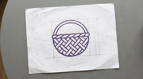 a round, woven basket with a distinct, interlocking weave pattern visible