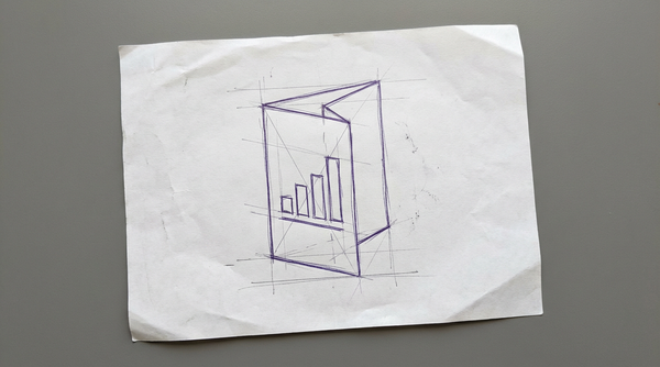 a tri-fold brochure, standing upright, with a simple bar chart visible on the front-most panel