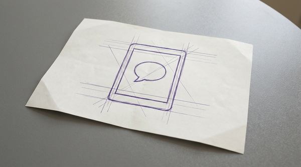 a tablet computer with a simple speech bubble icon displayed on its screen