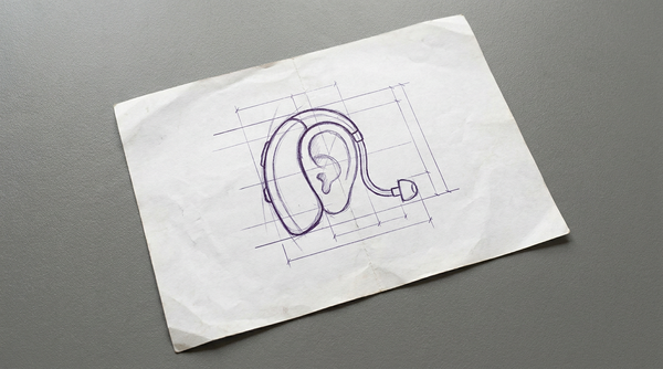 a behind-the-ear hearing aid, shown in profile, with a curved body that sits over the top of the ear and a thin tube leading forward to a small, in-ear dome piece