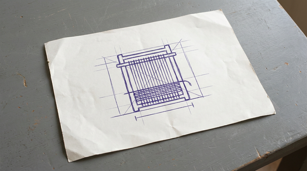 a simple, rectangular hand loom, shown with a series of taught vertical warp threads and a partially woven horizontal weft section