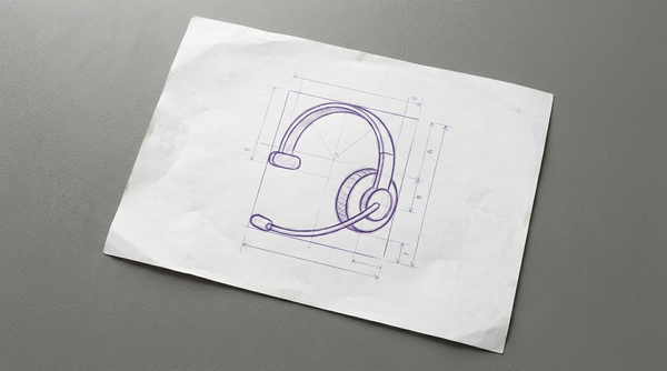 a single-sided communication headset, with one padded earpiece, an over-the-head band, and a flexible boom microphone extending from the earpiece
