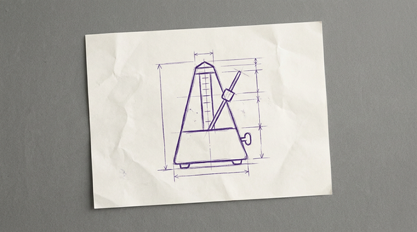 a traditional, pyramid-shaped mechanical metronome, shown from the front, with its weighted pendulum arm in a central, vertical position