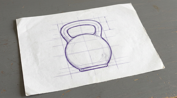 a cast-iron kettlebell, with a solid, spherical body, a flat base upon which it can stand, and a thick, arched handle extending from the top