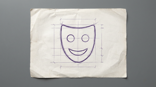 a simplified theatrical comedy mask, with a wide, upturned smile and open, round eyes