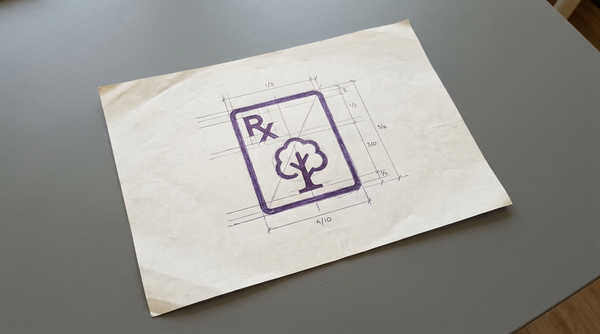 a rectangular medical prescription slip with the 'Rx' symbol in the top left corner and a simple, stylized tree icon printed in the center