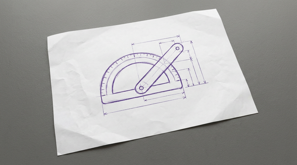 a simple plastic medical goniometer, composed of a flat, semi-circular protractor base and a single, transparent, pivoting ruler arm used for measuring joint angles