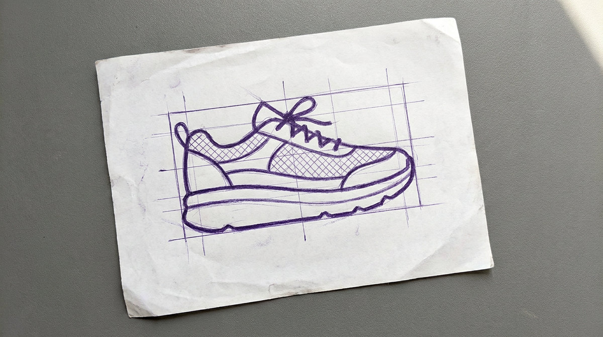 an athletic walking shoe, viewed in profile, featuring a thick cushioned sole, tied laces, and a breathable mesh upper