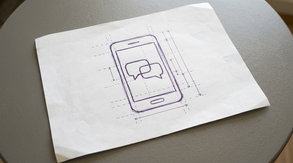 a smartphone, viewed from the front in a vertical, portrait orientation, its screen displaying a simple text-based chat interface with two overlapping speech bubbles, one aligned to the left and one to the right, to represent an ongoing conversation